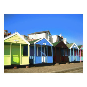 Beach huts blue skies sand english seaside photo print