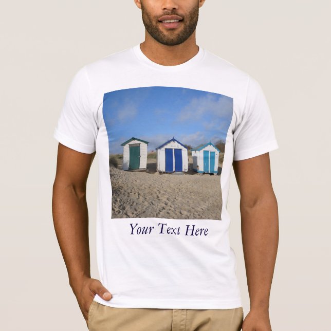 Beach huts blue skies sand english seaside photo T-Shirt (Front)