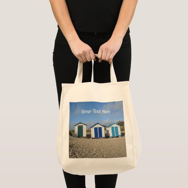 Beach huts blue skies sand english seaside tote bag (Front (Product))