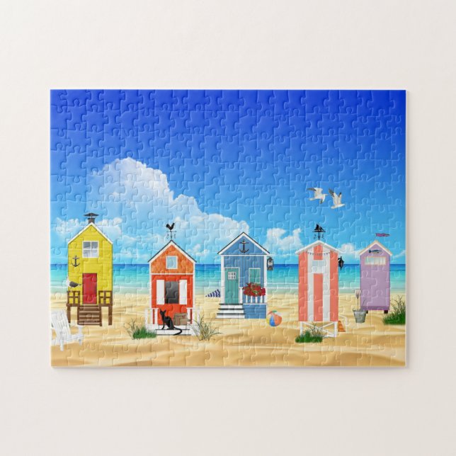 Beach huts in a colourful line up on the beach jigsaw puzzle (Horizontal)