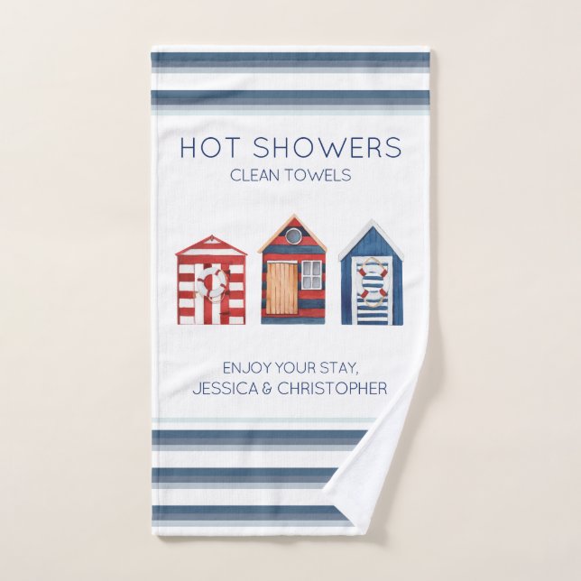 Beach huts stripes parasols coastal custom text  bath towel set (Hand Towel)