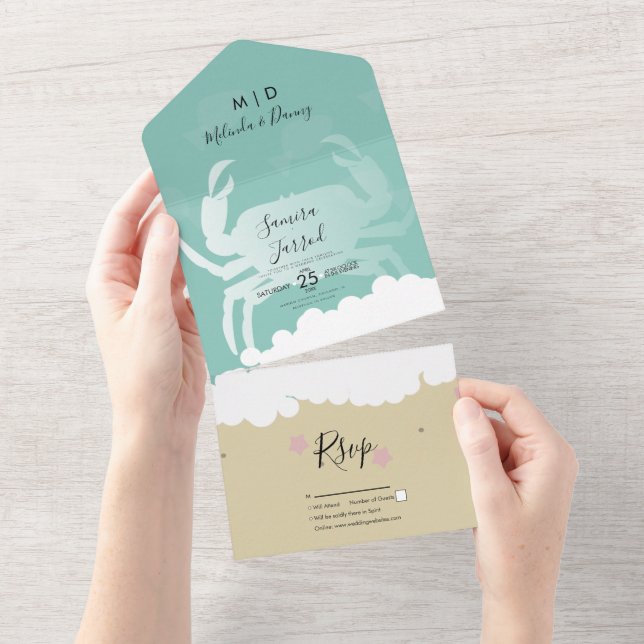 Beach Illustrated Sand Crab Wedding All In One Invitation (Tearaway)