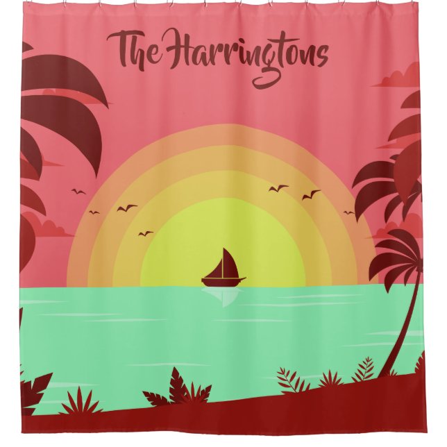 Beach Illustration custom name shower curtain (Front)