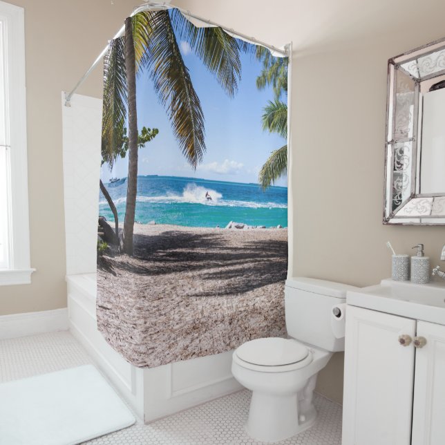 Beach in a sunny day throw pillow shower curtain (In Situ)