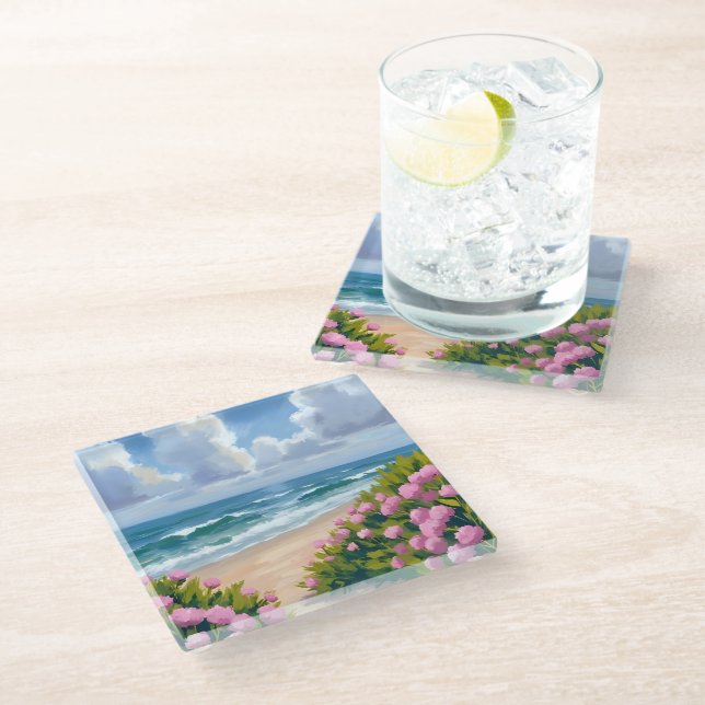 Beach in Bloom | Pink Hydrangea Oceanside Coastal Glass Coaster (Angled)