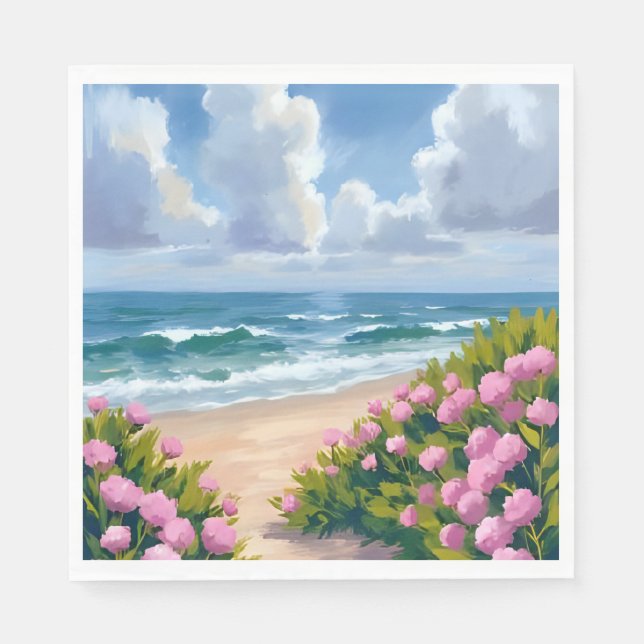Beach in Bloom | Pink Hydrangea Oceanside Coastal Napkin (Front)
