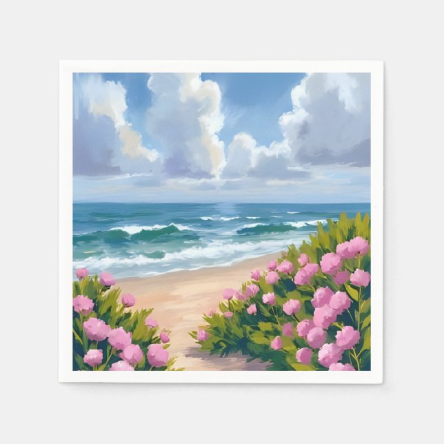 Beach in Bloom | Pink Hydrangea Oceanside Coastal Napkin (Front)
