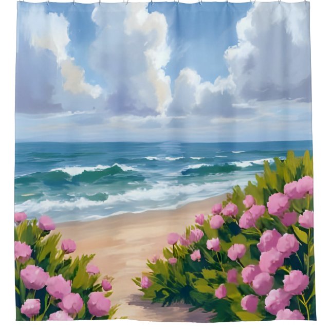 Beach in Bloom | Pink Hydrangea Oceanside Coastal Shower Curtain (Front)
