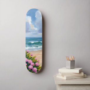 Beach in Bloom   Pink Hydrangea Oceanside Coastal Skateboard