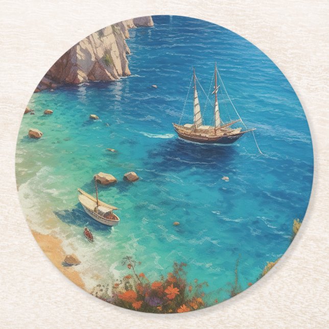 Beach in Greece  Round Paper Coaster (Front)