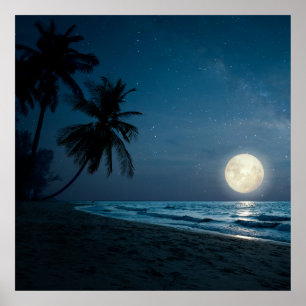 Beach in night skies and full moon poster