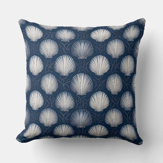 Beach-Inspired Navy and White Seashell  Cushion (Front)