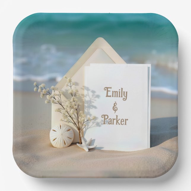 Beach Invitation In Sand With Starfish Paper Plate (Front)
