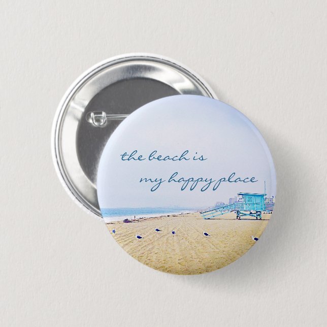 Beach Is My Happy Place Coastal Ocean Photo Script 6 Cm Round Badge (Front & Back)