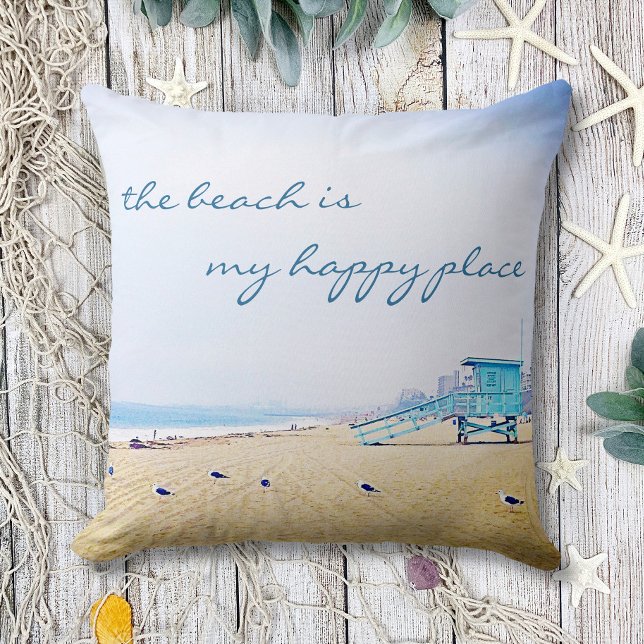 Beach Is My Happy Place Ocean Sand Birds Photo Cushion (Creator Uploaded)