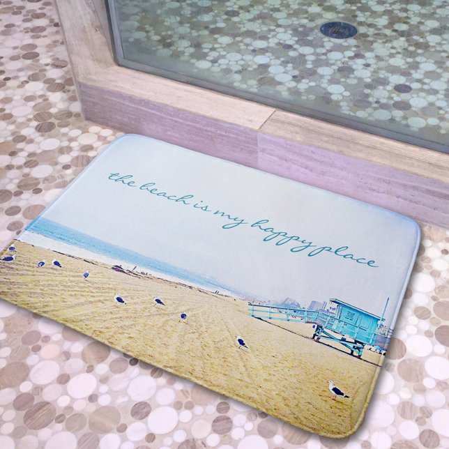 Beach Is My Happy Place Script Ocean Coastal Photo Bath Mat (Creator Uploaded)