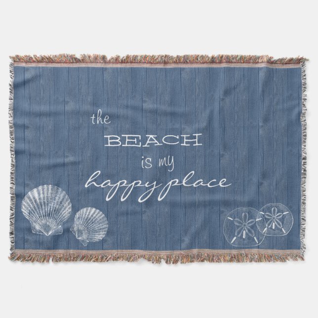 Beach is my Happy Place Shell Blue Wood Blanket (Front)
