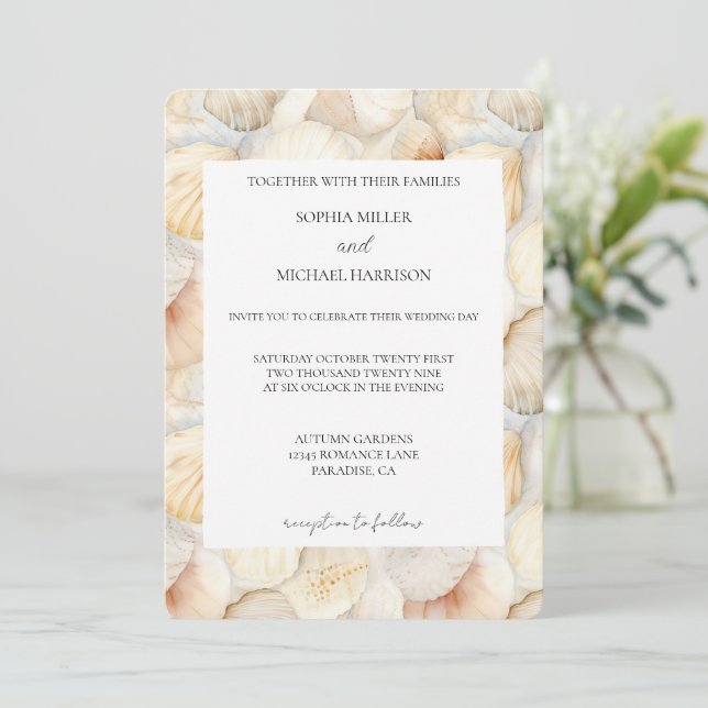 Beach Ivory Cream Sea Shells Wedding Invitation (Standing Front)