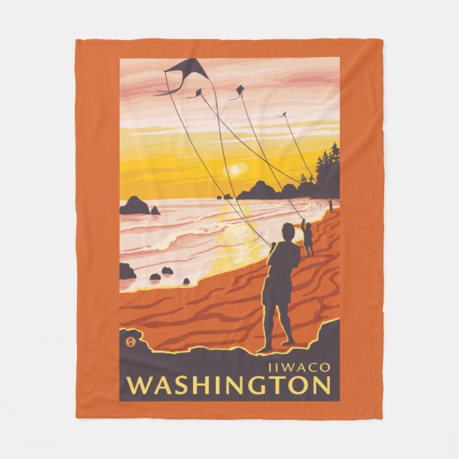 Beach & Kites - Ilwaco, Washington Fleece Blanket (Front)