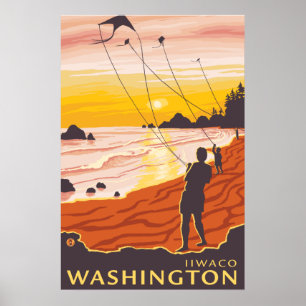 Beach & Kites - Ilwaco, Washington Poster