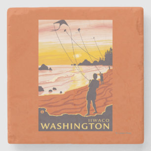 Beach & Kites - Ilwaco, Washington Stone Coaster