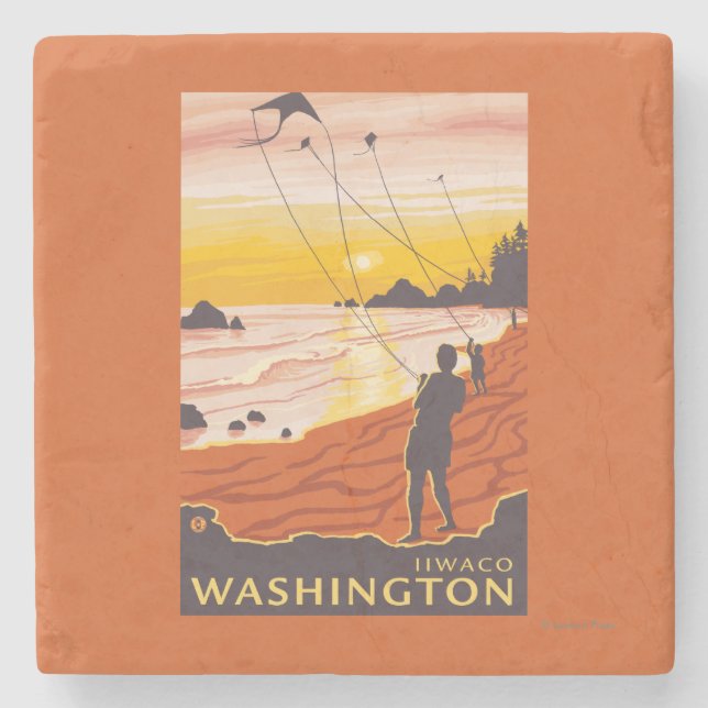 Beach & Kites - Ilwaco, Washington Stone Coaster (Front)