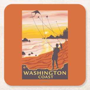 Beach & Kites - Washington Coast Square Paper Coaster
