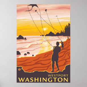 Beach & Kites - Westport, Washington Poster