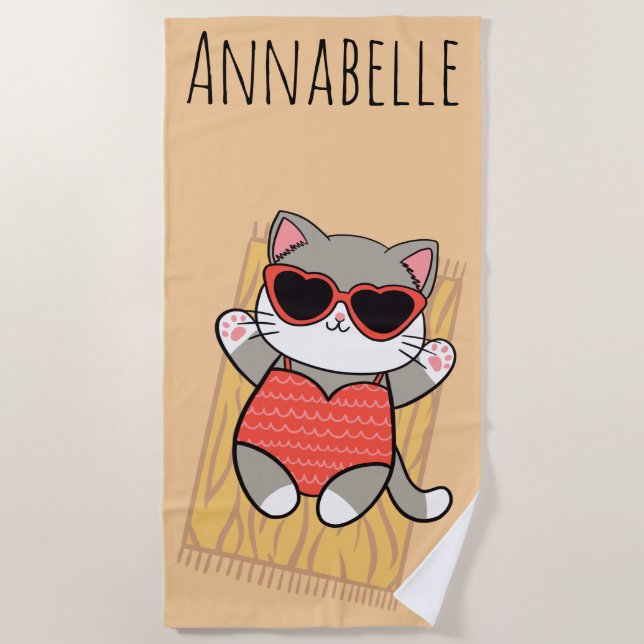 Beach Kitty Red Personalise Beach Towel (Front)