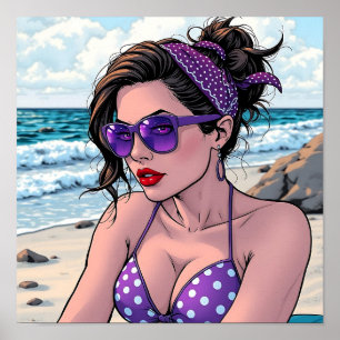 Beach Lady in Shades, Bikini and Bandanna  Poster