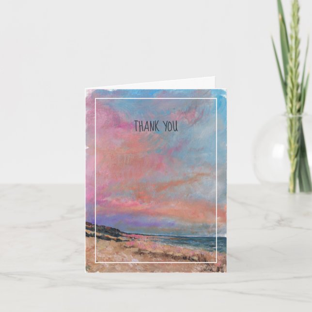 Beach Lake Pink Blue Painting Thank You Card (Front)