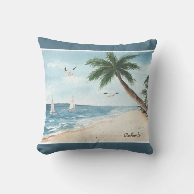 Beach Landscape with Sailboats Watercolor Blue Cushion (Front)