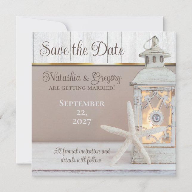 Beach Lantern Starfish Wedding Save the Date Invitation (Front)