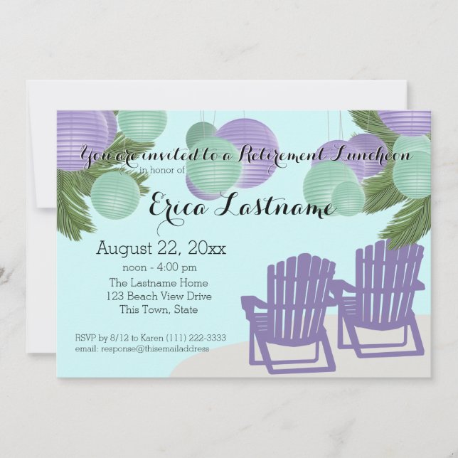 Beach Lanterns and Adirondack Chairs Retirement Invitation (Front)