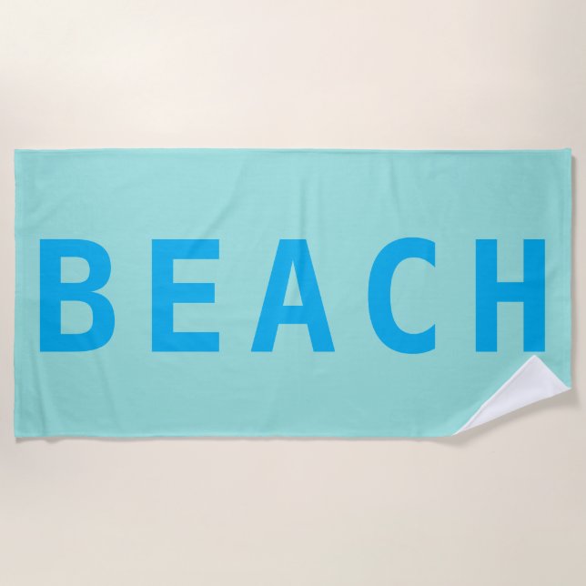 BEACH, Large Sky Blue Text on Light Teal Beach Towel (Front)