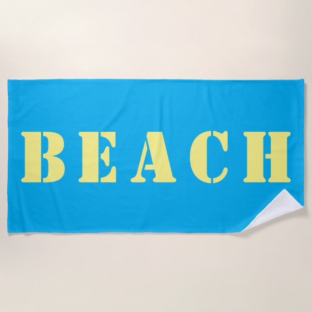 BEACH Large Yellow Stencil Letters on Sky Blue Beach Towel (Front)