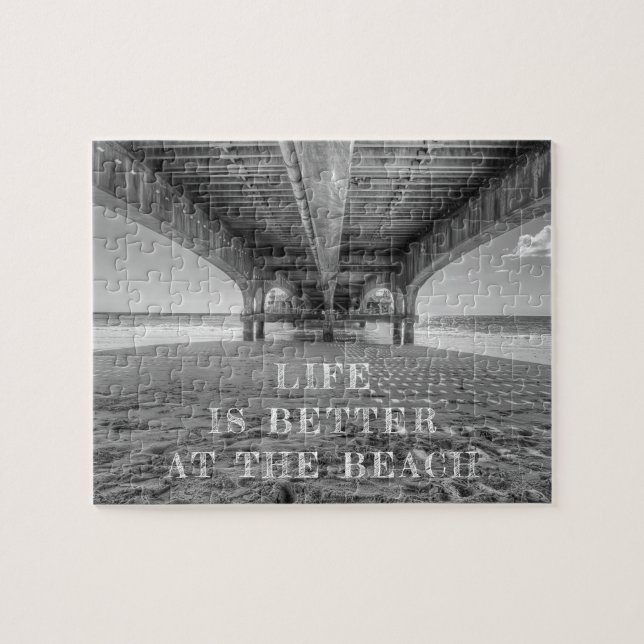 Beach Life Black and White Photo Typography Jigsaw Puzzle (Horizontal)