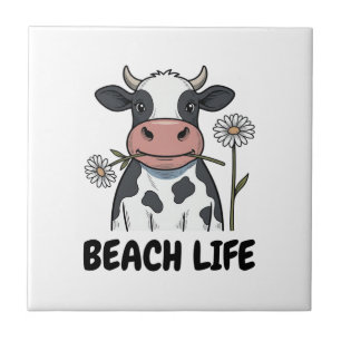 Beach Life Cow Vintage Engraving T-Shirt Design_1 Ceramic Tile