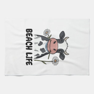 Beach Life Cow Vintage Engraving T-Shirt Design_1 Tea Towel