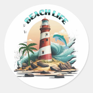 Beach Life   Lighthouse and Dolphin Classic Round Sticker