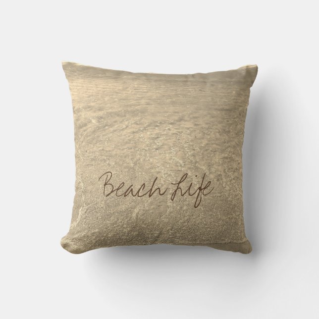 Beach Life Quotes Clear Ocean Water Sepia Gold Art Cushion (Front)