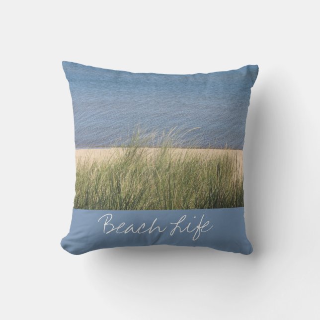 Beach Life Quotes Ocean Shore Blue White Scenic Cushion (Front)