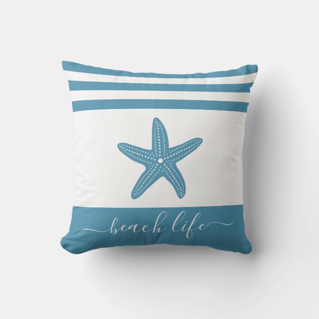Beach life script modern turquoise teal starfish cushion (Front)