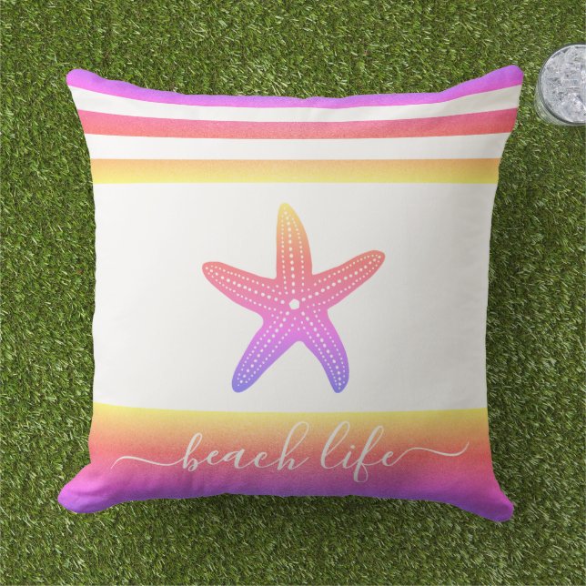 Beach life script purple yellow ombre starfish cushion (Grass)