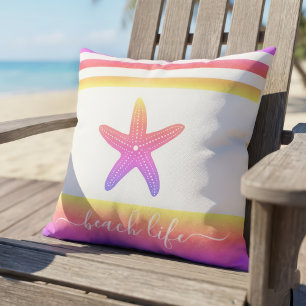 Beach life script purple yellow ombre starfish cushion