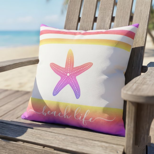 Beach life script purple yellow ombre starfish cushion (Creator Uploaded)