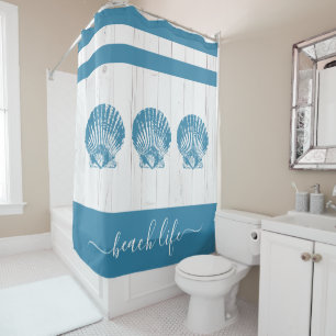 Beach life script teal seashell white rustic wood  shower curtain