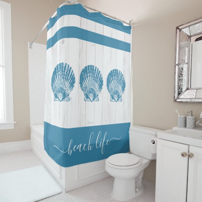 Beach life script teal seashell white rustic wood  shower curtain (In Situ)