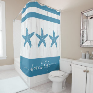 Beach life script teal starfish white rustic wood shower curtain
