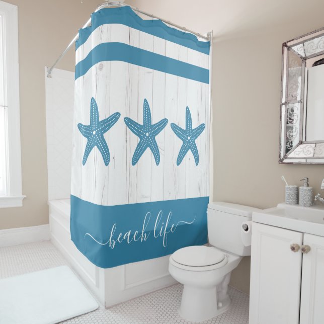 Beach life script teal starfish white rustic wood shower curtain (In Situ)